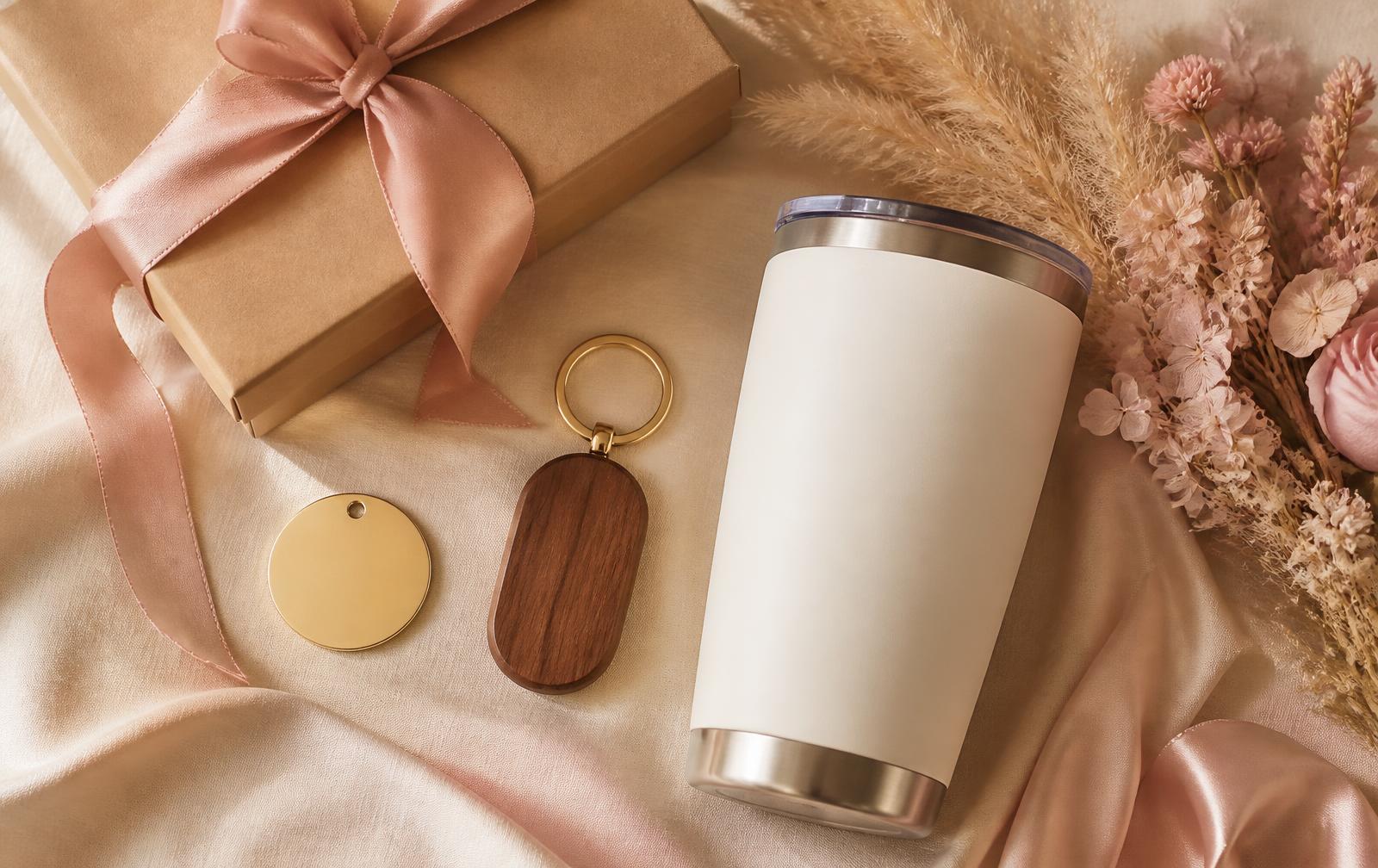 Personalized gift keepsakes, engraved keychain and tumbler styled with blush ribbon